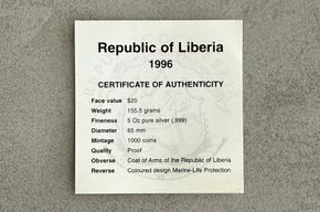 5 Oz Silber - 20 Dollars aus 1996 Liberia in Polierter Platte und nur 1.000 St&uuml;ck Auflage weltweit! Preis &euro; 290,- (i. K.)